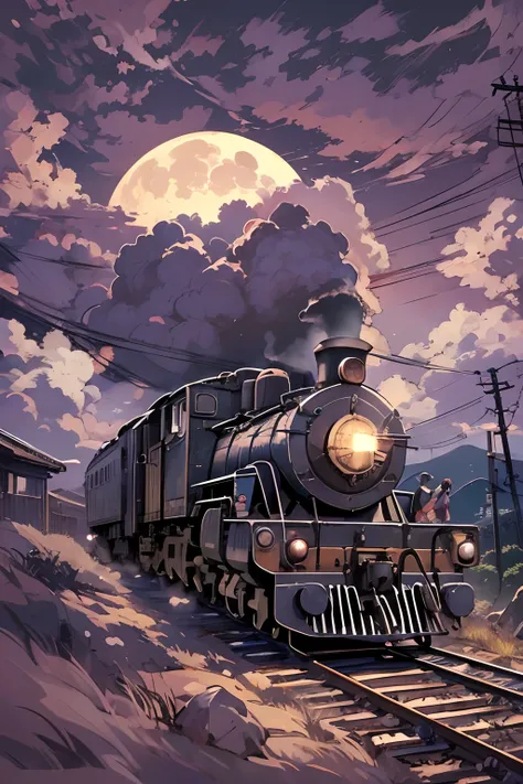 Locomotive with smoke in the center、headlight、Japan countryside、Cinematic scenery、Ghibli、Big Moon、Clouds,masutepiece,Best Quality,Sketch style、