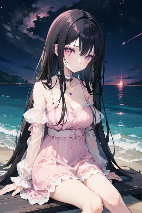 anime girl, long black hair, pastel pink eyes, sitting on the beach at night with a dark starry sky that is very detailed, dark environment, in a white and pink dress, good anatomy, 8k, high resolution