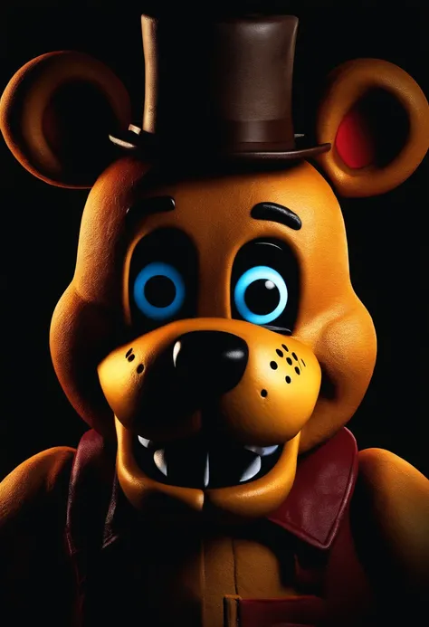 Freddy Fazbear looking at the camera in a frightening manner with the dark scenery behind illuminated by a flashlight