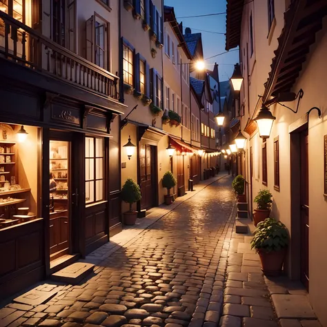 A cozy café on a cobblestone street, com mesas ao ar livre e luzes cintilantes