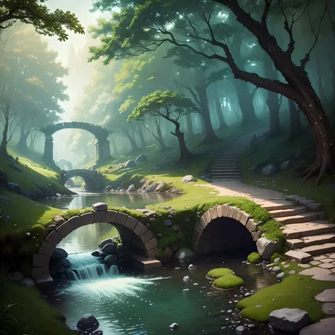 A magical setting with an enchanted forest and a stone bridge over a stream.