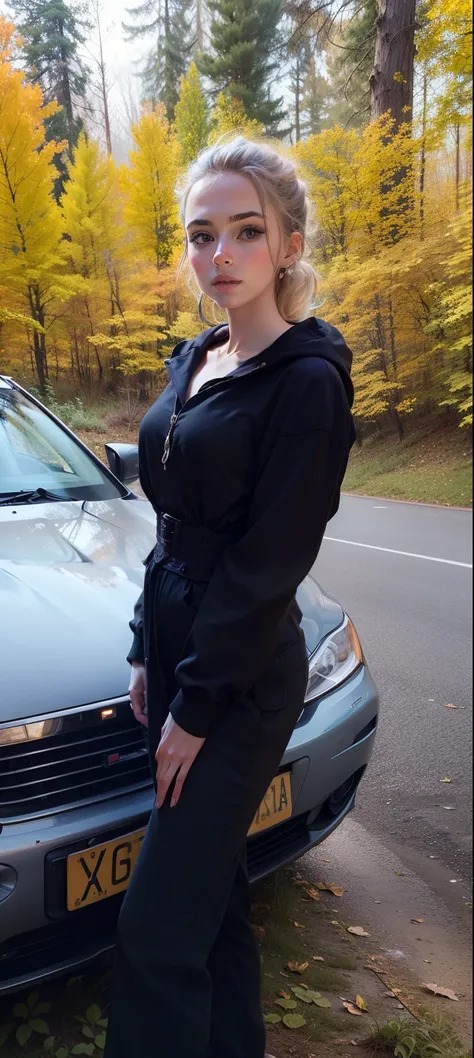 handsome girl, in the woods, Autumn girl at the car, super quality,4k quality, foto realista, Hair gathered