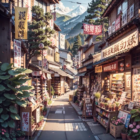 anime background, anime wallpaper, anime, anime style, lofi, lofi style, modern japanese rural street, mountains, uphill, modern japanese architecture, japanese convenience store, big retro japanese shop signs, retro japanese store, trees, plants, rocks, p...