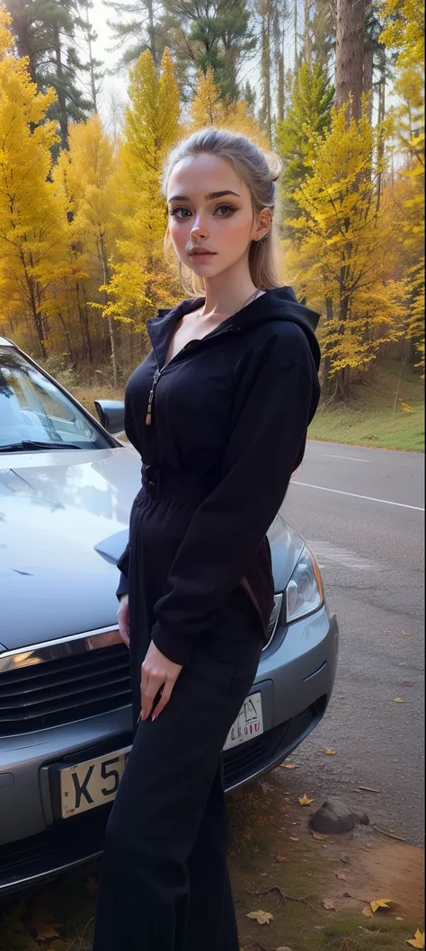 handsome girl, in the woods, Autumn girl at the car, super quality,4k quality, foto realista, Hair gathered