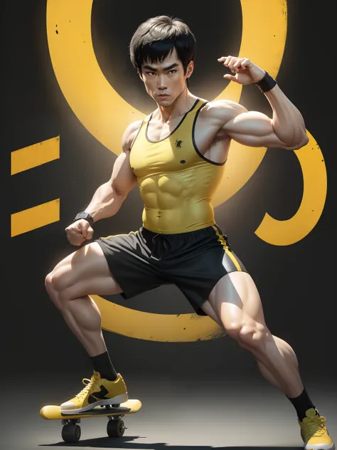 Bruce Lee poster，Highlight moments，Bruce lee. Bruce lee， full bodyesbian, Battle pose poster，Wear yellow tights，Wear one-piece training clothes，Black skateboard shoes, Downtown street，Battle city style,（Vintage style），Pop， （Movie lighting），（light and shado...