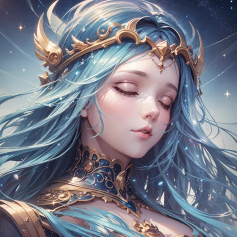 Celestial goddess sleeping amidst the stars, Wlop, artgerm, hyperrealistic, hyper detailed, photorealistic, breathtaking, beautiful, awe, incredible composition, amazing depth, imposing, meticulously composed, 16k resolution concept art