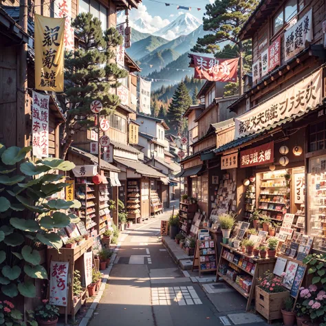 anime background, anime wallpaper, anime, anime style, lofi, lofi style, modern japanese rural street, mountains, uphill, modern japanese architecture, japanese convenience store, big retro japanese shop signs, retro japanese store, trees, plants, rocks, p...