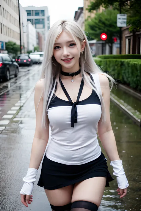 masterpiece, best quality, in the rain, in the cyberpunk city, real, photo, huge_filesize, gyaru, tchibi, long hair, white hair,...