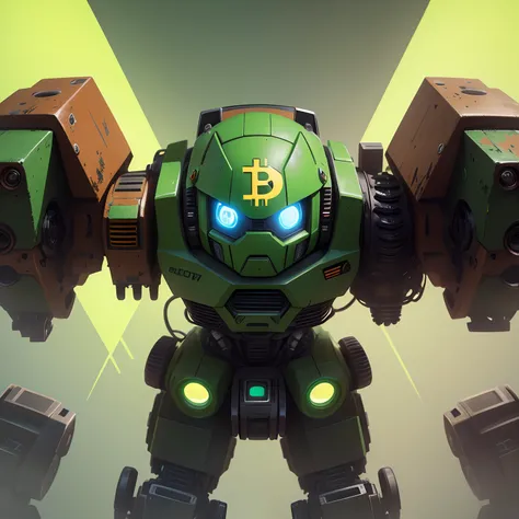 Transformer style mini robot with small rust marks in the center of the forehead, the Bitcoin logo in green color