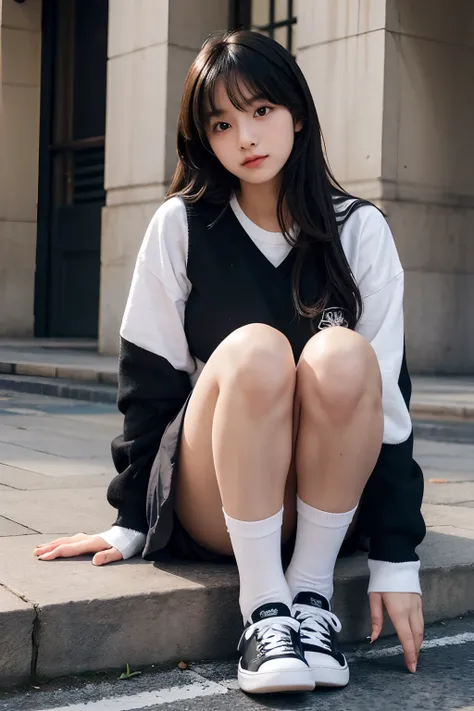 female high-school student，One foot wears black canvas shoes，One foot is wearing white socks，Show full feet，Be red in the face，is shy，huge tit，short  skirt