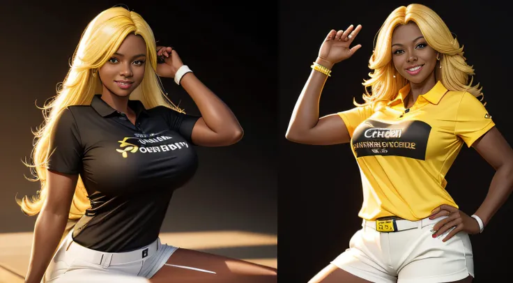 very huge breasts, dark skin, yellow hair, medium hair, Happy smile, realistic and detailed hands, realistic and detailed face, realistic and detailed tooth, realistic and detailed foots, realistic and detailed face, full body image, golf player, black t-s...