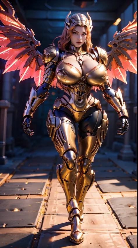 (DRAGON QUEEN HELM), (HUGE FAKE BOOBS), (BEAUTIFUL FACE), (GOLD, RED), (DESERT MOUNTAIN), (((A PAIR OF GIGANTIC MECHANICAL WINGS SPREAD OUT))), FUTURISTIC PHOENIX MECHA BODYSUIT, (CLEAVAGE), (SKINTIGHT YOGA PANTS), (HIGH HEELS), (PERFECT BODY:1.2), (FULL B...