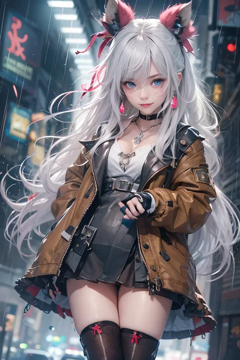 Masterpiece, Best quality, In the rain, In the cyberpunk city, Real, Photo, Huge_filesize, gyaru, tchibi, Long hair, White hair, Wet hair, Disheveled hair, sanimal ear fluff , Laughing, Blue eyes, Medium breasts, Sleeveless dress, white thighhighs, knee_Bo...