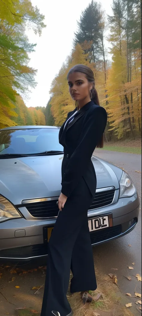 handsome girl, Hair gathered in a ponytail, autumn, The Girl in the Woods,in a black suit, Girl at the car