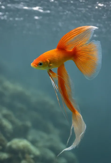 there is a fish that is swimming in the water, dipstick tail, long flowing fins, the photo shows a large, courtesy of mbari, small fish swimming around, h. hydrochaeri, halyomorpha halys, side view of a gaunt, beta male, new species, undertailed, lumnoius ...