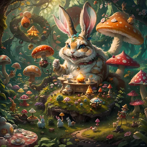 Best quality,4K,8K,A high resolution,Masterpiece:1.2,Ultra-detailed,Realistic:1.37,in wonderland,illustration,Colorful scenery,Rabbit hole,an enchanted forest,magic mushrooms,Curious Alice,Image in dreams,Whimsical characters,Break into a crazy tea party,F...