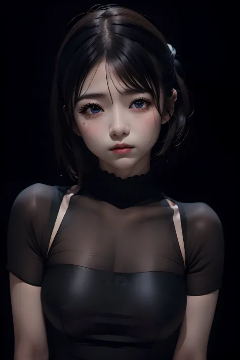 (((Black background:1.3)))、Best Quality, masutepiece, High resolution, (((1girl in))), sixteen years old,(((Black eyes:1.3)))、Black dress、((Black shirt:1.3、Black Block Dress)), Tindall Effect, Realistic, Shadow Studio,Ultramarine Lighting, dual-tone lighti...