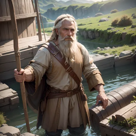 Noah on the ark, man with short beard and biblical clothes, Fotografia de filme 8K, antigo rei medieval, fotografia de filmes de fantasia, direction: Alexandre Fedosav, ian mcshane