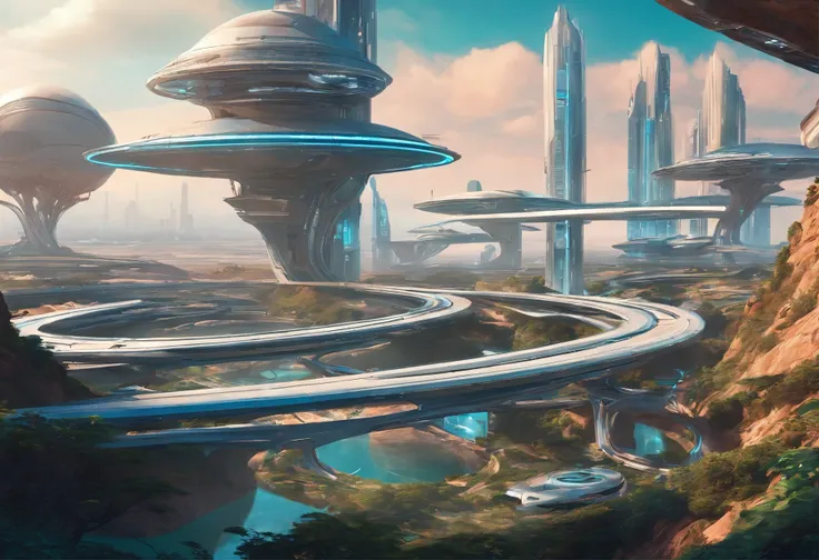 The city of the future，a plant，overpass，ocean water，house，