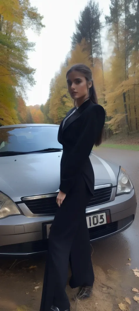 handsome girl, Hair gathered in a ponytail, autumn, The Girl in the Woods,in a black suit, Girl at the car