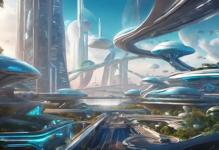 The city of the future，a plant，overpass，oases，with blue sky and white clouds，Multi-element，Lots of detail