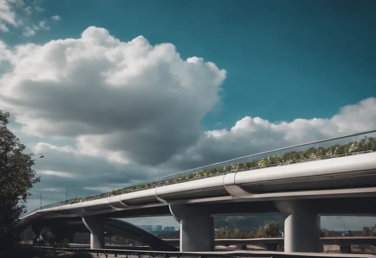 The city of the future，a plant，overpass，oases，with blue sky and white clouds，Multi-element，Lots of detail