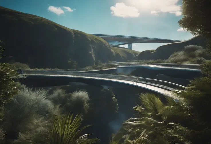 The city of the future，a plant，overpass，oases，with blue sky and white clouds，Multi-element，Lots of detail，Super sci-fi