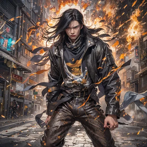 street corner（Armageddon）eyes filled with angry，He clenched his fists，Rush up，Deliver a fatal blow to your opponent，full bodyesbian，Full Body Male Mage 32K（tmasterpiece，Color Ultra HD）Long flowing black hair，Campsite size，zydink， The wounded lined up in th...