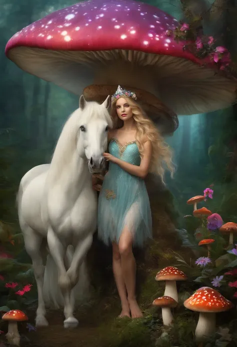 FAIRY  WITH A UNICORN NEXT TO MUSHROOM