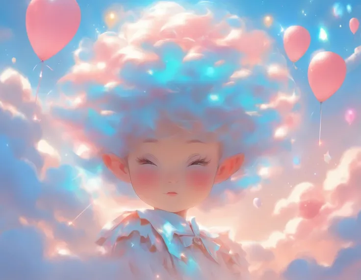 Depict the world through the eyes of a baby：1.5，tiara crown、Hydrogen balloons、Runway circles and clouds，Artistic sense、Beauty Feeling、Futuristic，succinct、Childlike、The tones are pastel，softness，lithe、freely
Think back to your childhood，Have you ever had su...