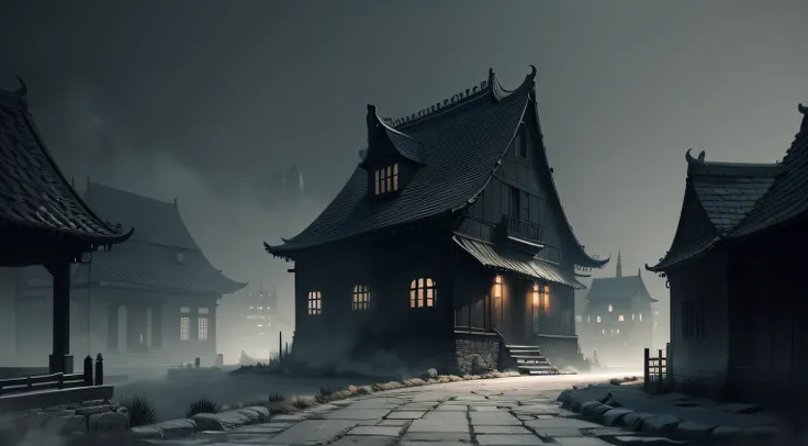 Faraway view，Dark empty streets, Stone pavement, Rough brick-black building, , Gloomy atmosphere,uncanny，There are no lights，China ink painting，ink，Cold， the night, Mist, Minimal vegetation, art-style, elaborate detail,（Extremely detailed picture），（8k wall...