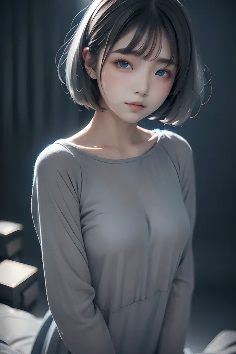 (((Gray world:1.3)))、Best Quality, masutepiece, High resolution, (((1girl in))), sixteen years old,(((eyes are gray:1.3)))、Gray dress、((Gray shirt:1.3、Gray Block Dress)), Tindall Effect, Realistic, Shadow Studio,Ultramarine Lighting, dual-tone lighting, (H...