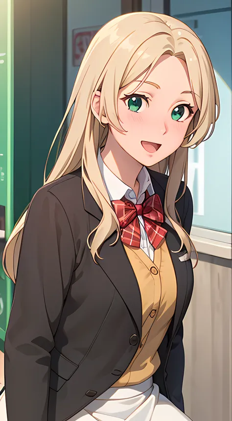 ((masterpiece, best quality, highres, UHD, perfect pixel, depth of field, 4k, RTX, HDR))), 1girl, single, solo, beautiful anime girl, beautiful artstyle, anime character, ((long hair, parted bangs, blonde hair)), (green eyes:1.4, rounded eyes, beautiful ey...