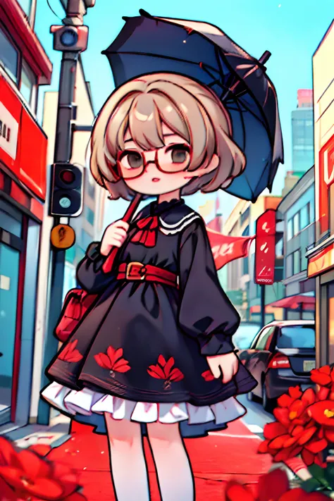 masterpiece,best quality, ultra res, extremely detailed, 1 girl, short brown hair, city, brown eyes, dark red lips, black dress, umbrella, squares glasses