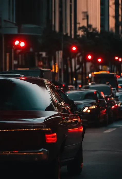 City Road，Many cars lined up waiting for the red light，The taillights look like an L from a distance