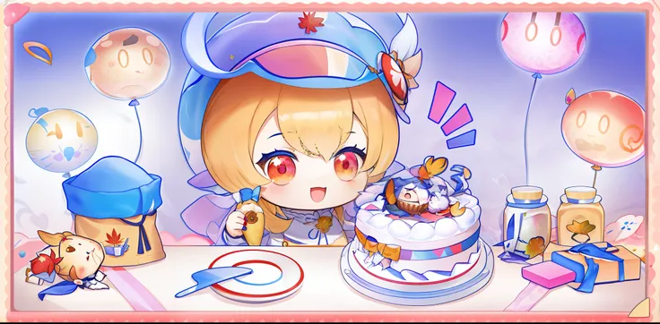 anime girl with a cake and balloons in the background, maplestory, ayaka genshin impact, maplestory mouse, character art of maple story, from the azur lane videogame, maple story, azur lane style, loli, 🍁 cute, eating cakes, fantasy bakery, from girls fron...