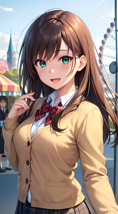 ((masterpiece, best quality, highres, UHD, perfect pixel, depth of field, 4k, RTX, HDR))), 1girl, single, solo, beautiful anime girl, beautiful artstyle, anime character, ((long hair, bangs, brown hair)), (green eyes:1.4, rounded eyes, beautiful eyelashes,...