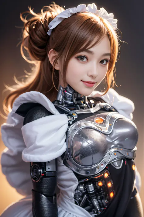 Cybernetic arm and glowing robot cyber girl,(Sheer and revealing costumes:1.3, ),(Maid robot cyber girl in fluffy maid clothes:1.3), (Robot shining behind:1.3),Glossy light brown and orange striped shorthair,Cute smile,Perfect round face,A cheerful smile t...