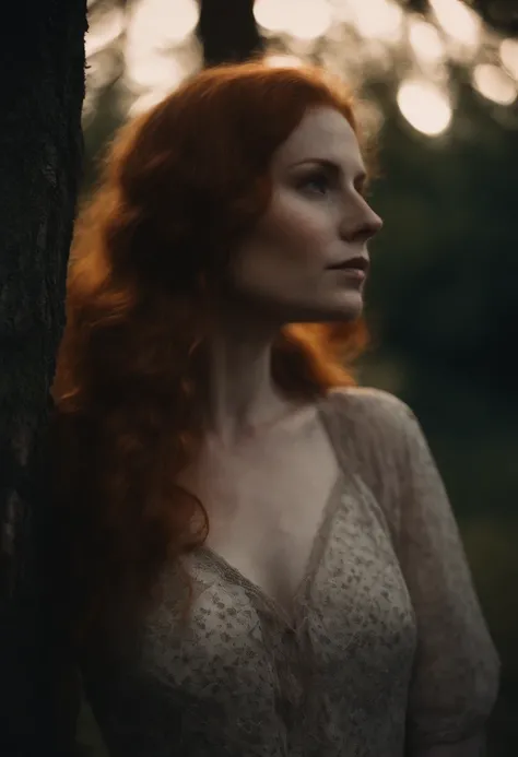 A portrait of a 30-year-old redhead, facing the camera straight on, a few freckles, in a nightie leaning against a tree in the middle of nature, goosebumps, cinematic, faded colors, dark shot, muted colors, grainy film, lut, crazy details, intricate detail...