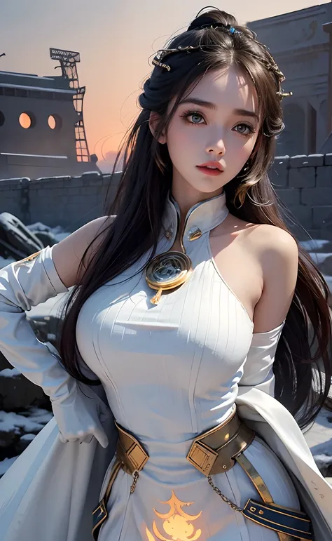 Sexy goddess，best qualityer，Snow-whiteskin，8K high quality，Sexy goddess，A pair of big eyes are beautiful and moving，White skin，Makeup，Sexy outfit，Armed with futuristic modern weapons，gold；jewely；Blue Electric，【Background with】Large gears，Large gears，Doomsd...