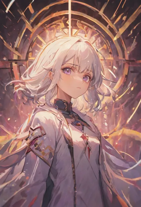 A teenager with black hair and white hair，The hair is almost down to the neck，Wearing a half mask of death，Stand at the junction of light and darkness：HD graphics，holy paladin，Holy Grail War，tarot。