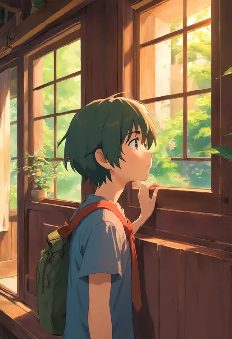 Anime boy looking out the window of his house, realistic anime 3 d style, artwork in the style of guweiz, Official art, Adorable Digital Painting, Anime Realism Style, By Shinkai Makoto. a digital rendering, detailed anime character art, digital manga art,...