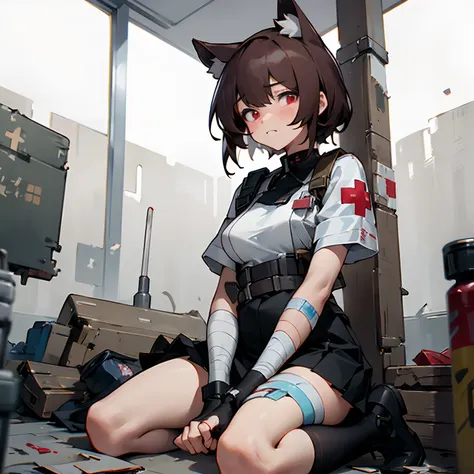 1 girl, ((masterpiece)), 8k, artstation, ultra high quality, ultra high detail, ((ultra high resolution)), glowing red eyes, brown hair, cat ears, surgical gloves, doctor, ((combat medic)), military, tactical, (pouches), tactical pouches, battlefield, clos...