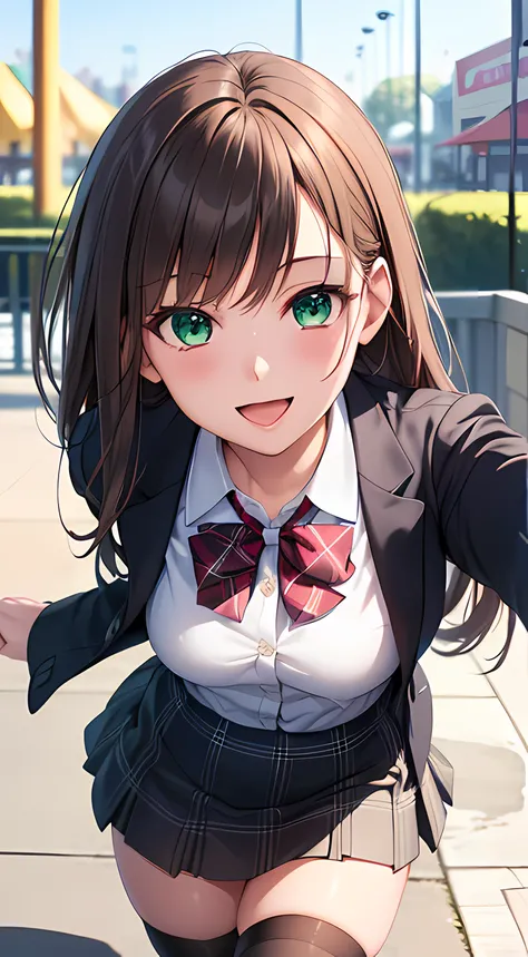 ((masterpiece, best quality, highres, UHD, perfect pixel, depth of field, 4k, RTX, HDR))), 1girl, single, solo, beautiful anime girl, beautiful artstyle, anime character, ((long hair, bangs, brown hair)), (green eyes:1.4, rounded eyes, beautiful eyelashes,...