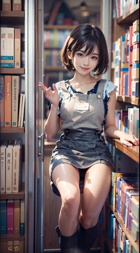 morning, ((pinafore)), bookstore, Smiling smile, (NSFW), 1womanl, 独奏, 24 year old, 7headed body, (Ideal ratio body proportions), (Composition from head to thigh), erectile nipple, Sexy body, Wet, short-hair, Dark hair, small tits, A slender, Small buttocks...