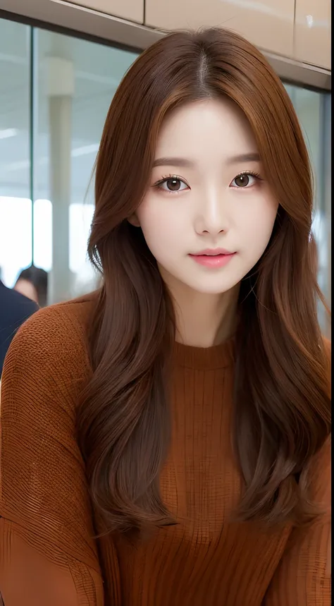 Realistic photos of (1 cute Korean star) brown hair over one eye, thin makeup, 32 inch breasts size, wearing sweater, sitting in airport, close-up portrait, UHD