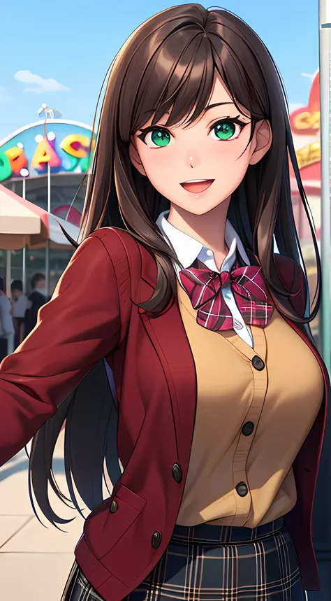 ((masterpiece, best quality, highres, UHD, perfect pixel, depth of field, 4k, RTX, HDR))), 1girl, single, solo, beautiful anime girl, beautiful artstyle, anime character, ((long hair, bangs, brown hair)), (green eyes:1.4, rounded eyes, beautiful eyelashes,...