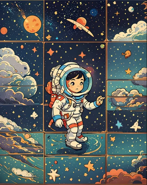 a heartwarming cartoon split portraying the journey of a young astronaut from childhood dreams to reaching the stars, each tile ...