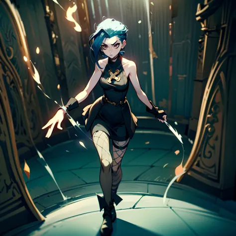 Full body of the character，The character has a large range of movement，The character is Jinx in League of Legends，blue hairs，On the streets of Zuan，Flame it up，Be red in the face，Have dark circles，guffaw，Solicit business for the brothel behind you，Dress up...