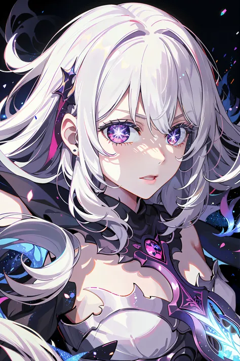 colorful, 1 girl, white hair, purple eyes, double hilt, sword, hand sword, blue flames, glitter, shiny weapon, light particles, (solo:1.2), ((masterpiece)), slim, small chest, pale skin, ((detailed eyes)), (bokeh effect), (dynamic angle), dynamic pose